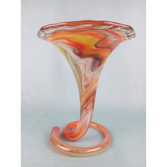 Multicolor MCM Swirl Vase Murano Style Art Glass Orange White Pink Red Glass Art - Picture 2 of 10